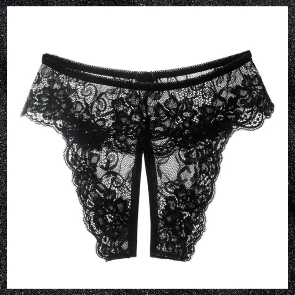 Black Floral Lace Crotchless Panty